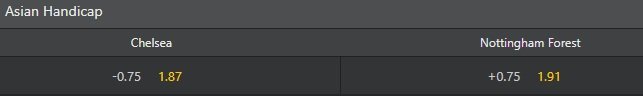 18bet interface showing Chelsea vs Nottingham Forest with -0.75 Asian handicap decimal notation.