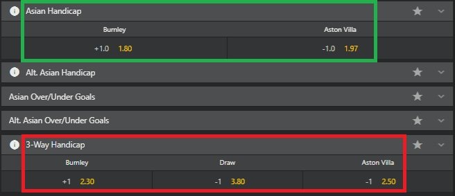 18bet interface comparing Asian Handicap 1.0 and 3-Way European Handicap odds.