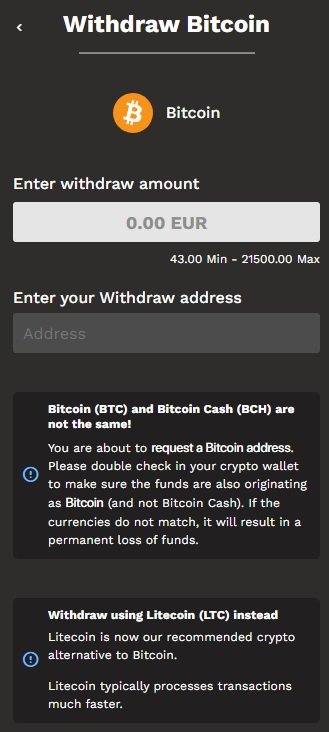The Bitcoin withdrawal screen inside Bookmaker EU displaying limits from 43 to 21500 Euros and recommending Litecoin for faster transactions.