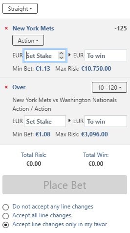 A real-time Bookmaker EU bet slip displaying a maximum risk limit of over ten thousand Euros on an MLB game market.