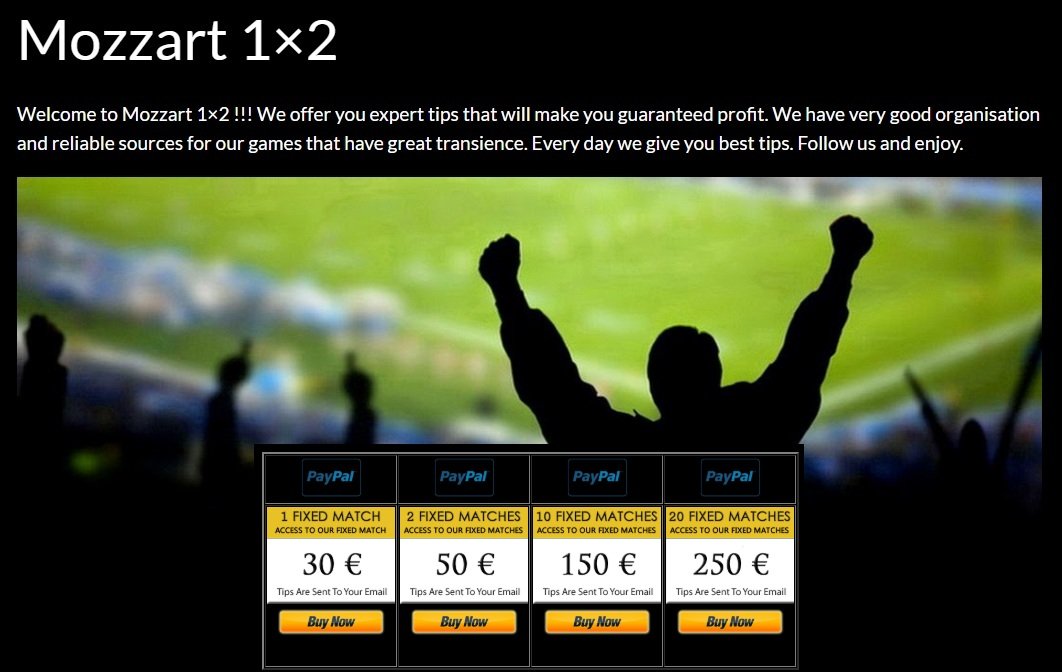Mozzart1x2.com homepage screenshot showing fixed matches and VIP tips for sale