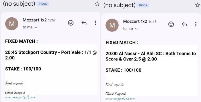 Email proof showing Mozzart1x2 sent Stockport County and Al Nassr picks that were later deleted from the archive